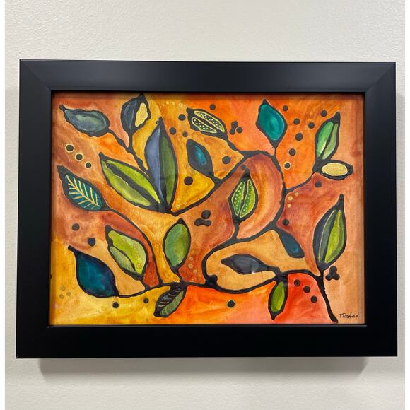 Hand painted watercolor original painting stained glass leaves - Picture 2 of 2